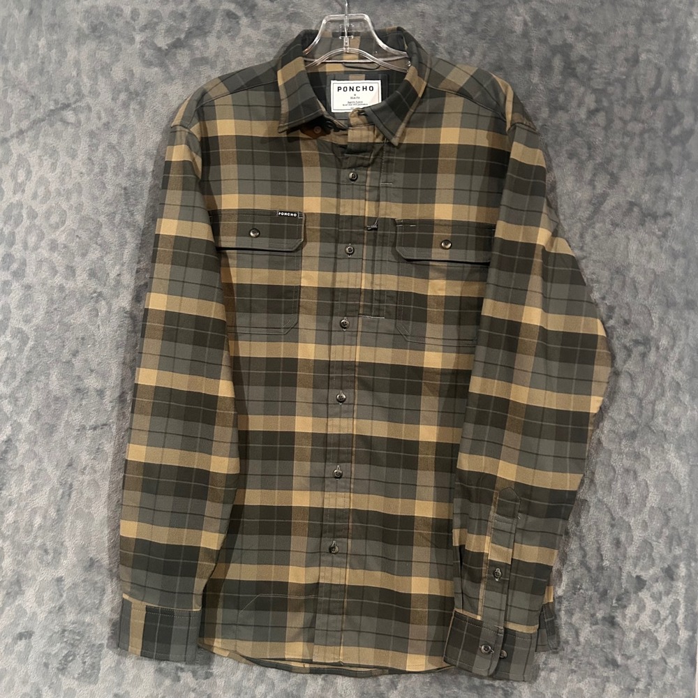 Poncho Outdoors Mens Slim Fit Magnetic Pocket Plaid Flannel Shirt Olive Tan M